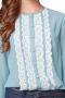 A cute hand tailored women's baby blue custom tailored blouse with stunning intricately tailored lace detailing. This casual women's blouse is custom made with matching buttons, perfect to pair with jeans for day outings. 