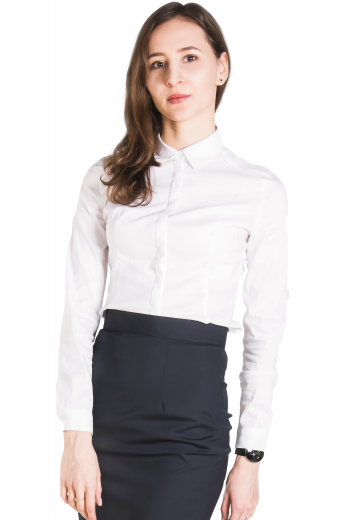 Style no.17123 - Comfortably cut to fit in a flattering manner is this sophisticated women's classic white long sleeve formal dress shirt. This professional women's button down is perfect for formal looks, tailor made with a sleek collar and rounded barrel cuffs. 