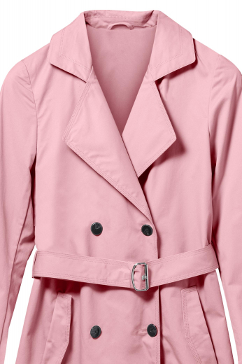 Womens Knee Length Double Breasted Pink Coat This double breasted coat puts a girly twist on the classic trench coat. The soft pink will be the perfect pop of color for your outfit. Reaching knee-length, this coat features slanted pockets and is perfect for the office or everyday wear.