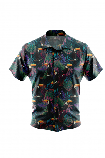 A stylish men's custom tailored short sleeve dress shirt intricately designed with festive toucan birds and decorative plants. This men's made to measure dress shirt is great for a casual day out and also on vacation. This handstitched dress shirt will make a great addition to your collection.