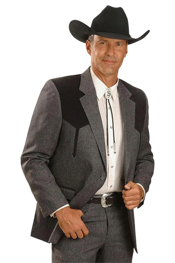 A chic cowboy inspired men's professionally tailored single breasted western style suit in a classic grey with contrasting black shoulder patches. This fine suit is made up of a made to measure pair of comfortable well ventilated bespoke suit pants matched with a hand tailored single breasted suit jacket designed with a modern elegant design for the elegant cowboy.