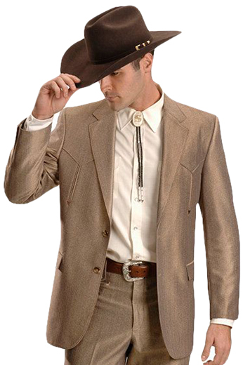  A classic cowboy inspired men's professionally tailored single breasted western style suit in a classic golden-bronze. This fine suit is made up of a made to measure pair of comfortable well ventilated bespoke suit pants matched with a hand tailored single breasted suit jacket designed with a modern elegant design for the sophisticated stylish western cowboy.