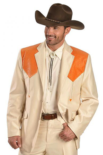 A classic chic cowboy inspired men's professionally tailored single breasted  western style suit in a classic cream with contrasting orange shoulder patches. This fine suit is made up of a made to measure pair of comfortable well ventilated bespoke suit pants matched with a hand tailored single breasted suit jacket designed with a modern elegant design for the sophisticated cowboy.