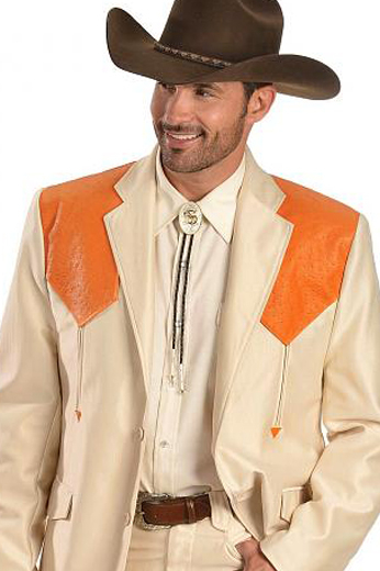 Style no.17253 - A classic chic cowboy inspired men's professionally tailored single breasted  western style suit in a classic cream with contrasting orange shoulder patches. This fine suit is made up of a made to measure pair of comfortable well ventilated bespoke suit pants matched with a hand tailored single breasted suit jacket designed with a modern elegant design for the sophisticated cowboy.