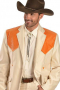 A classic chic cowboy inspired men's professionally tailored single breasted  western style suit in a classic cream with contrasting orange shoulder patches. This fine suit is made up of a made to measure pair of comfortable well ventilated bespoke suit pants matched with a hand tailored single breasted suit jacket designed with a modern elegant design for the sophisticated cowboy.
