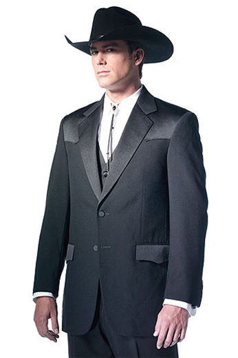 An exceptional men's professionally tailored single breasted  western style suit in a classic black made up of a made to measure pair of comfortable well ventilated bespoke suit pants matched with a hand tailored single breasted suit jacket designed with a modern elegant design for the sophisticated cowboy.