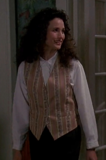 Film star clothing worn by Andie MacDowell in the 1993 sensation Groundhog Day. This bespoke women’s waistcoat is an exact tailored cut and design from the costume worn in the film.