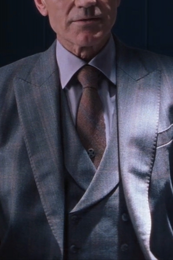 Cosplay Xmen Three Piece Grey Stripe suit with 2 button front on Jacket, double breasted vest and plain front pants. A perfect iconic movie character costume.