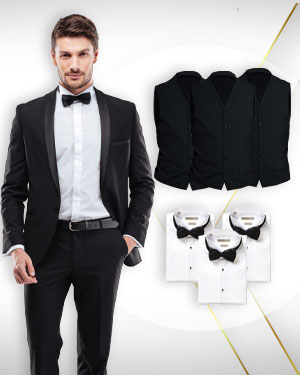 3 Tuxedos, 3 vests, 3 tuxedo shirts and 3 Bowties - from our Deluxe Collections