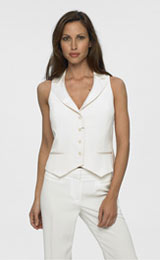 Womens Custom Made White Waistcoat Custom-made women's all white waistcoat with flat front pants and front closure jacket with four fabric covered buttons, V neck and two side pockets. Made with wool, this waistcoat is super-light and an ideal semi formal summer office attire