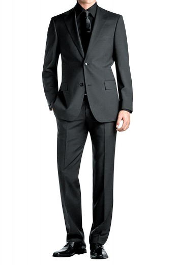 A slim cut single breasted two button suit jacket with pressed notched lapels, a boutonniere, hand molded shoulders and beautifully tailored pockets paired with reverse style pleat pants with a zipper fly and hand sewed cuff hems. This gabardine wool suit is essential for all of class.