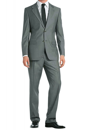 The stylish finishes of this wrinkle-free wool suit are hand sewn to perfection. The two-button jacket is single breasted with notch lapels featuring a boutonniere and hand molded shoulders. The suit pants pair the jacket impeccably with their extended waistband, reverse pleats, a zipper fly, and hand tailored cuff hems.
