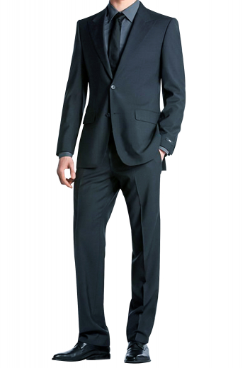 This herringbone suit is composed of a slim fit single breasted two button jacket with peak lapels and an upper welt pocket, paired with hand-tailored sewed down reverse pleat pants with on-seam front pockets.