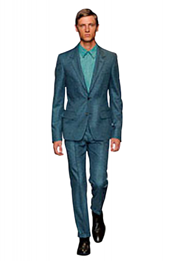 Mens Shark Skin Wool Suit Flat front wool suit pants with slash pockets and hand sewn cuff hems completed by a classic two button jacket with rolled notch lapels and a stylish upper welt pocket.