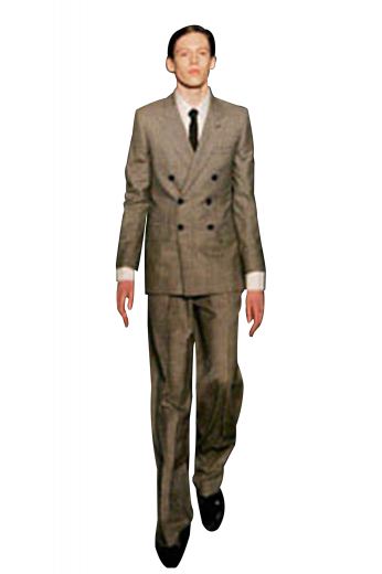 Ultra trendy mens dark grey wool suit tailor made six button double breasted two to close, no vents, full leg pants and straight breast pocket giving it a fresh modern look