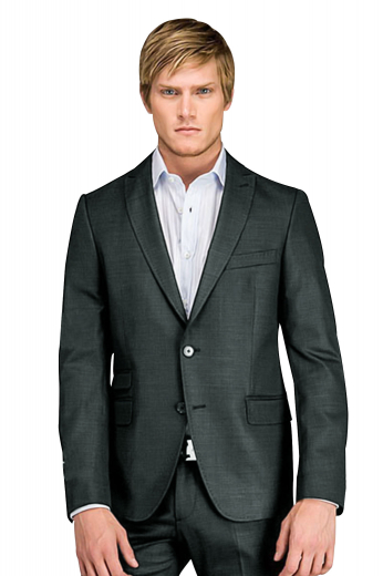 A tailor-made single breasted two button high gorge suit jacket with high peak lapels a ticket pocket and center vent elegantly paired with matching low waist slim cut suit pants.