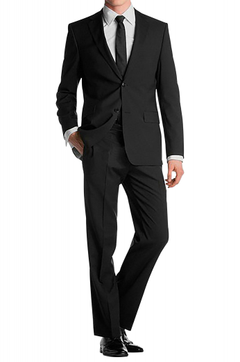A slim fit two button single breasted jacket with high notch lapels, an upper welt pocket, and embroidered sleeve cuffs paired with flat front suit pants with on-seam pockets.