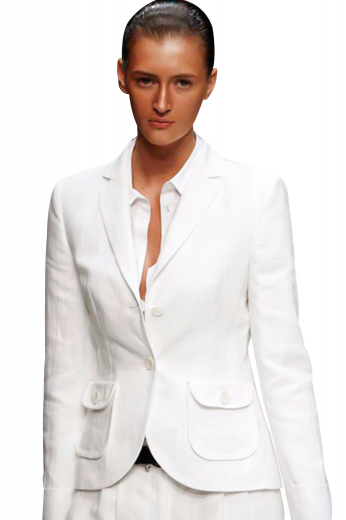 Hip length blazers with pressed, slim ruled notch lapels and two front buttons to close. The lower pockets are sewn round, sporting patch work with flaps and buttons. Handmade with wool and or cashmere, these white blazers have a tapered waist for figure contouring. Perfect for office going girls, they are stylish apparels that look sexier with white custom pant suits and pencil skirts with vent.