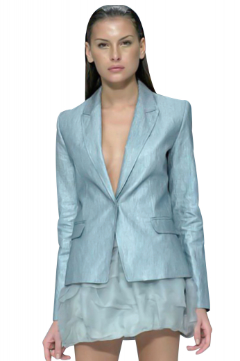 Super sexy hip length jackets sporting a center vent. Their pressed peak lapels and lower pockets with flaps have hand stitched edges. With a distinctive square bottom, these bespoke blazers with a one button front closure can be customized with wrinkle resistant fabrics.