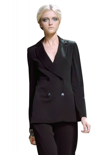Go trendy in all your business meetings with these double breasted custom jackets that flash four front buttons, two to close. Highly stylish with hand pressed notch lapels and embroidered sleeves. With side vents and a tapered waist, these winter jackets highlight curves. The high waist custom pants with hand sewn cuffs and hems, incorporate a two point hook closure with buttons on the waistband. Order these handmade black pant suits with crease resistant wool.