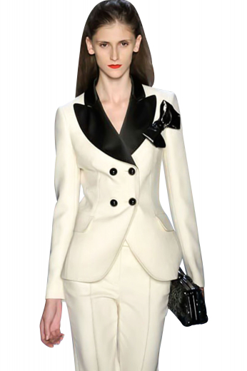 These scintillating pant suits in off-white embrace a hip length stunner jacket with satin facing, black rolled peak lapels and four contrast buttons, two to close. Double breasted with a tapered waist and two cute flapped lower pockets, these suit jackets are curved on the front. The off-white suit pants with impressive on seam pockets and hand sewn cuffs and hems, close with a zip fly and also exhibit a wide waistband with hooks for more comfort.