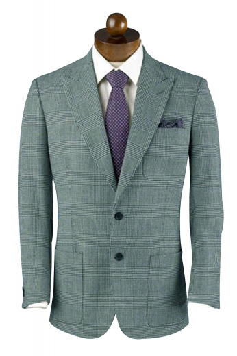 A warm merino wool blazer with peak lapels, a medium gorge, an upper square patch pocket on the left. The blazer has track stitched darts, side vents, and hand molded shoulders.