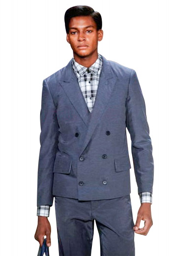 Ultra modern mens double breasted suit made in two button closure six in all - upper hip length, slimmed shoulders and slimmed silhouette - worn with flat front pants