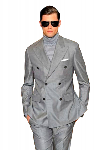 A modern take on the silver grey mens suit - custom made in a double breasted peak lapel style with two over six button closure and side vents - matched with flat front slant pocket pants