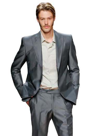 Mens Custom Sheen Suit A made to measure men's suit made up of a single-breasted medium gorge one button suit jacket and custom tailored high waisted suit pants held up by a two-point button and hook closure waistband for adjustable comfort.