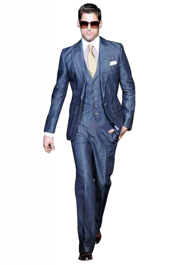 A three-piece work of art put together by a v-neck single breasted five button vest, a slim cut single breasted one button suit jacket with peak lapels, and lastly a pair of impeccable high waisted reverse pleat suit pants.