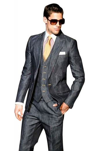 A slim cut single breasted one button suit jacket with beautifully track stitched darts, a v-neck single breasted five button vest with welted lower pockets, and a pair of reverse pleat high waisted suit pants with hand-sewn cuff hems.