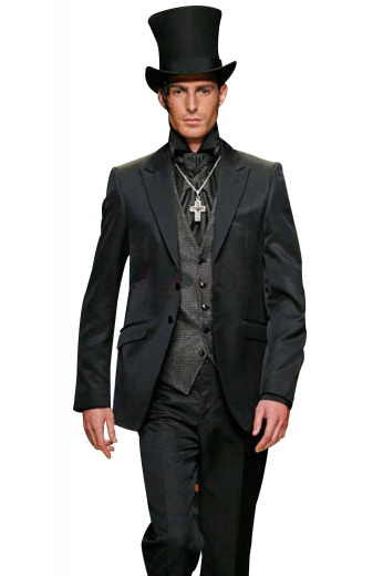 A three-piece work of art made up of a hand-tailored v-neck single breasted five button vest with no lapels, a slim cut single breasted two button suit jacket, and completed by a pair of reverse pleat slim cut suit pants.