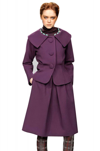 Womens Handmade Purple Skirt Suits These stylish custom-made purple skirt suits display short length jackets and calf length skirts. The custom jackets with round necks sport shirt collar lapels and three fabric covered front buttons to close. The A line suit skirts flaunt box pleats, one vertical front pocket, concealed back zipper and a twisted center vent on the front. Order in wrinkle free wool and or cashmere for maximum comfort.