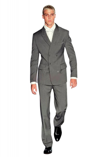 Mens Fully Custom Classic Suit The youthful look is mastered in this fully custom made narrow peaked semi duckbill lapel high gorge three over six double breasted with curved quarters - fitted waist and three pockets - no vents - flat front pants -