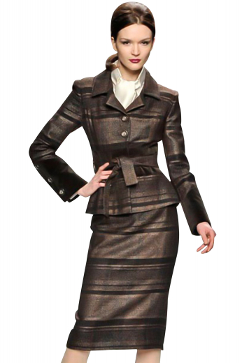 Womens Made To Measure Skirt Suits Body contouring ultra slim skirt suits with hip length jackets and calf length pencil skirts. The custom jackets look trendy with slim ruled notch lapels. With three buttons on the sleeves, these regal jackets close with two front buttons and a belt on the upper waist. The custom suit skirts display a back zipper, perfectly aligned with a center vent. With a flat front, these skirts are perfect for fashionable girls.