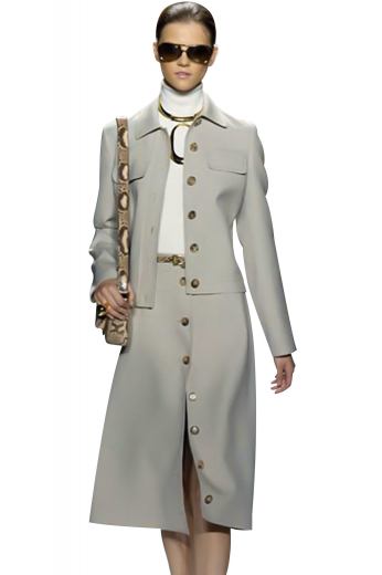 These trendy skirt suits with long jackets and calf length skirts are stylish office formals. The long jackets with high shirt collar lapels boast six contrast front closure buttons and two upper flap pockets. The A line custom skirts have a front button closure. They put to view a center vent on the front, aligned with the buttons. Can be customized for all in wool and or cashmere.