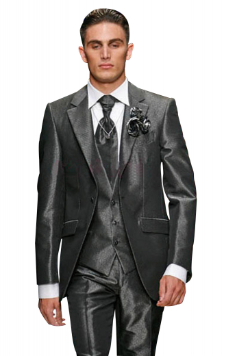 A deluxe tailored masterpiece. This three piece made to measure men's suit is made up a low gorge single breasted three button v-neck vest, a slim cut one button suit jacket, and completed by single reverse pleat suit pants.