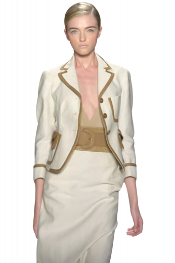 Beat the heat with these off white summer skirt suits with slim jackets and custom suit skirts. The jackets, displaying intricate contrast piping on the front edges, lapels and pockets, also boast three contrast front buttons, Â¾ sleeves, one upper left pocket with impressive patch work, two buttoned and flapped square shaped lower patch pockets and two flapped ticket pockets. The suit skirts have flat fronts and a back zipper closure for all day comfort.