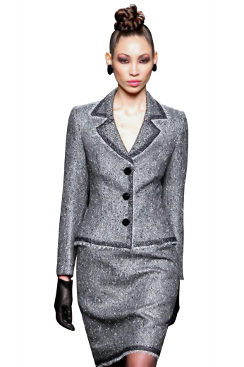 Rock all business parties and formal events with these shimmering suit jackets and suit skirts. Ultra slim with a squared bottom, beautifully hand sewn notch lapels and three front black buttons, the jackets have perfect figure defining silhouettes. Custom pencil skirts have a center vent on the back, aligned with a concealed zipper for closure.
