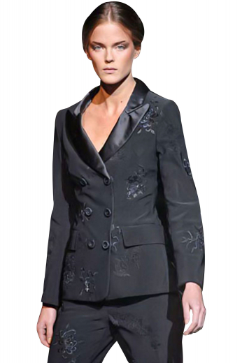 Regal pant suits with embroidered custom-made jackets and full length formal pants. The jackets, with satin facing peak lapels, flapped lower pockets and six front buttons, two to close, are classic wedding formals that can also be used as office wears. Bootcut slim pants with flat fronts and flare legs are comfortable office formals with belt loops and a zipper fly on the front for closure.