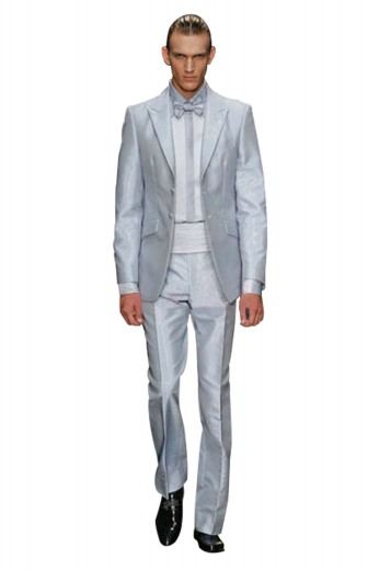 Custom made peak lapel two button high gorge longer quarters silver grey tuxedo with angled flap pockets and no upper pockets - worn with flat front tuxedo pants