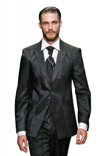 Mens Slim Fit Tailored 3pc Suit Very fashionable mens jacquard wool suit custom made with split squared quarters and one button closure - finished with 2.5 inch peak lapels in a slim and tailored fit - worn with flat front pants