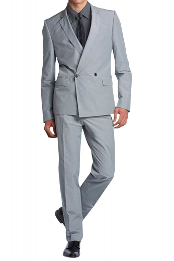 This light grey double breasted mens custom made wool suit has slim notch lapels and one over two buttons closure. It has been hand made by our expert tailors and goes with sleek low waist flat front tapered mens light grey wool pants