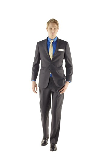 Black Men Custom Suit Black Suit Men's Custom Made in Rich Wool Blend - 2 button, flap pocket, notch lapel, lightly padded shoulder with plain front slim pants.