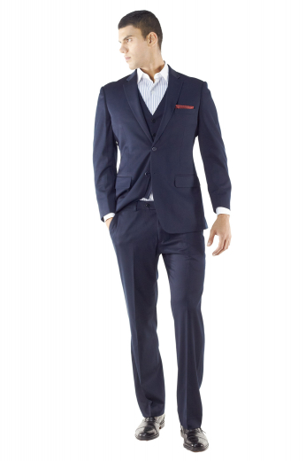 This handsome two button custom suit features flap pockets, a natural shoulder, sous bras with plain front pants accompanying five button waistcoat for a complete look. 