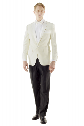 Mens Classic Dinner Suit This dinner jacket is as edgy as it is elegant. Tailored to a comfortable fit, this fresh one button Jacket front features flap pockets, notch lapel, lightly padded shoulder is accompanied with black plain front pants.