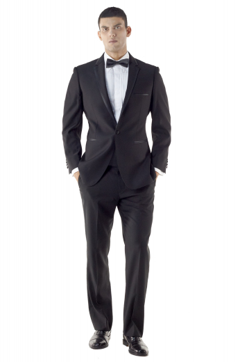 This Athletic fit custom made black tuxedo features a slim cut, versatile one button fit, besom pockets, notch lapel, and a lightly padded shoulder for a sharp, well-defined appeal with plain front pants.