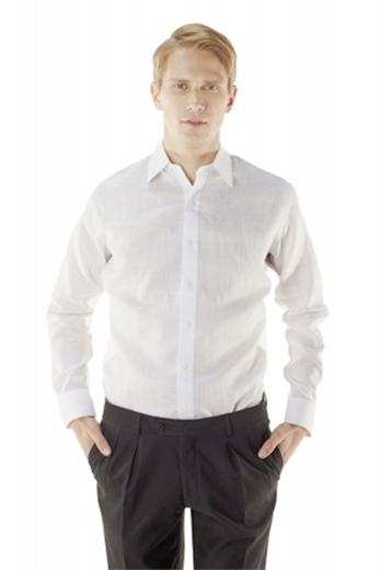 A formal custom tailored men's suit shirt with an Ainsley collar, rounded barrel cuffs, and a placket front.