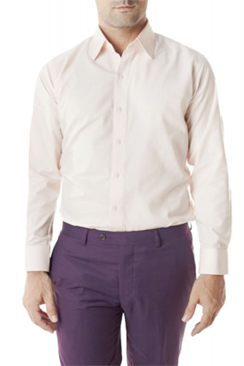 A handmade custom slim cut men's classic suit shirt with an Ainsley collar, rounded barrel cuffs, and a plain front.