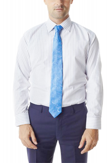 A tailor-made men's classic striped suit shirt with an Ainsley collar, rounded barrel cuffs, a plain front, a plain back, and standard tailored tails.